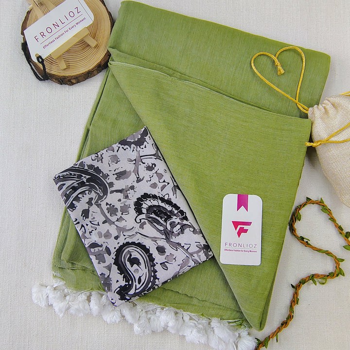 Olive Handloom Cotton Saree With Tassels & Printed Blouse-Fronlioz