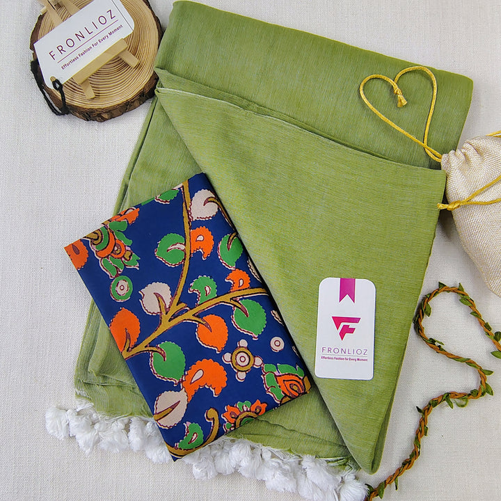 Olive Handloom Cotton Saree With Tassels & Printed Blouse-Fronlioz