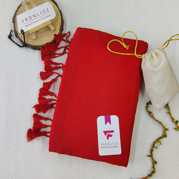 Red Handloom Cotton Saree With PomPom-Fronlioz