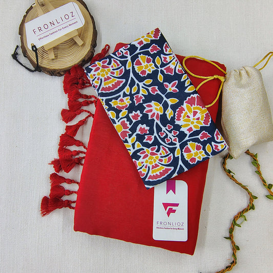 Red Handloom Cotton Saree With Tassels & Printed Blouse-Fronlioz