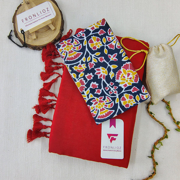 Red Handloom Cotton Saree With Tassels & Printed Blouse-Fronlioz