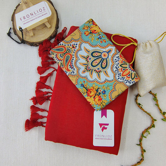 Red Handloom Cotton Saree With Tassels & Printed Blouse-Fronlioz
