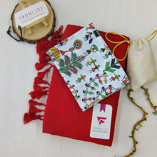 Red Handloom Cotton Saree With Tassels & Printed Blouse-Fronlioz