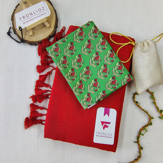 Red Handloom Cotton Saree With Tassels & Printed Blouse-Fronlioz