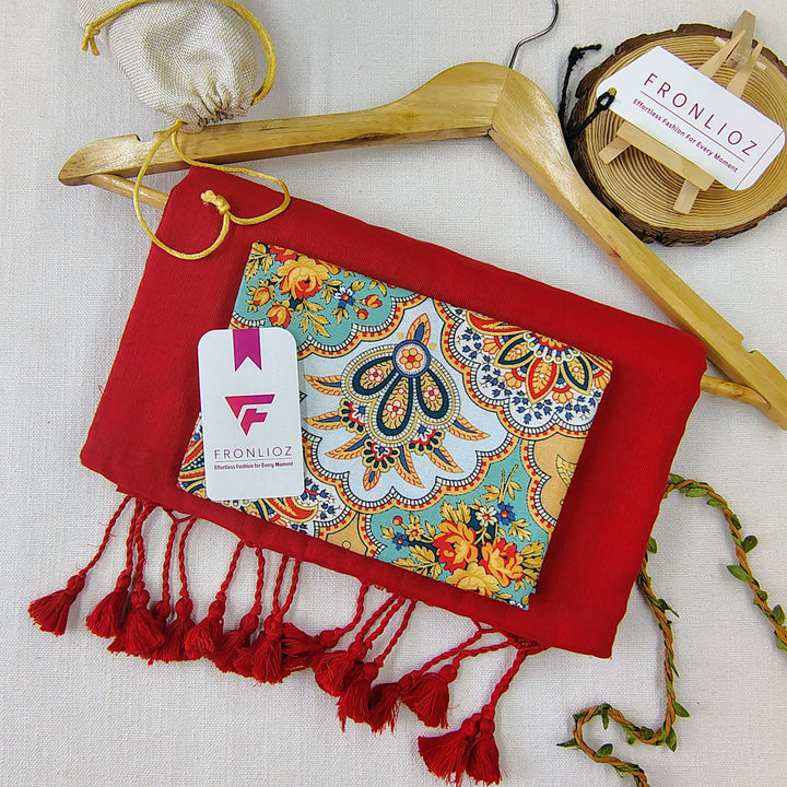 Red Handloom Cotton Saree With Tassels & Printed Blouse-Fronlioz