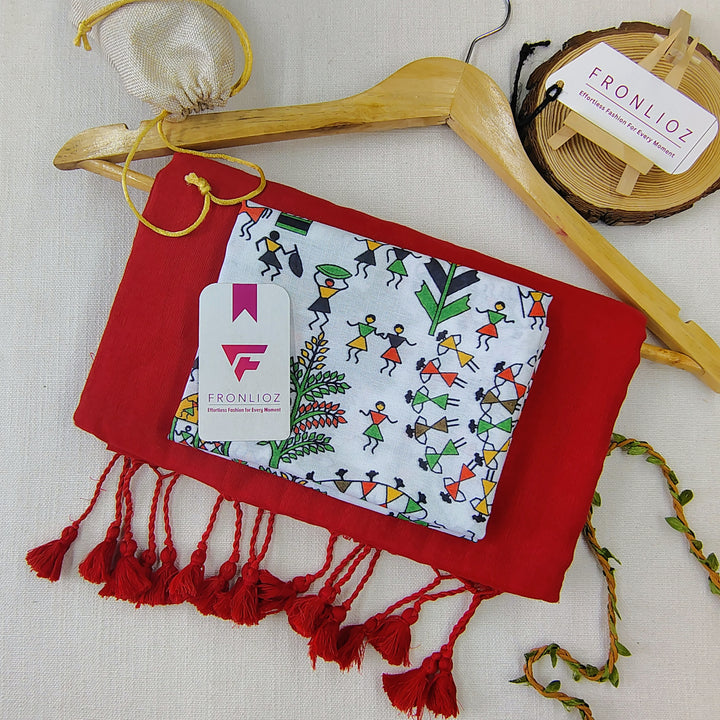 Red Handloom Cotton Saree With Tassels & Printed Blouse-Fronlioz