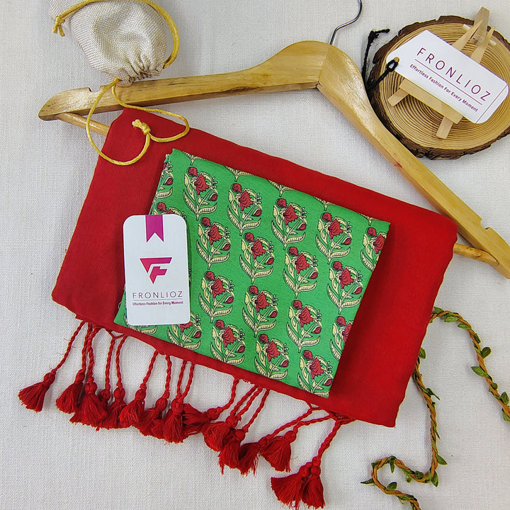 Red Handloom Cotton Saree With Tassels & Printed Blouse-Fronlioz