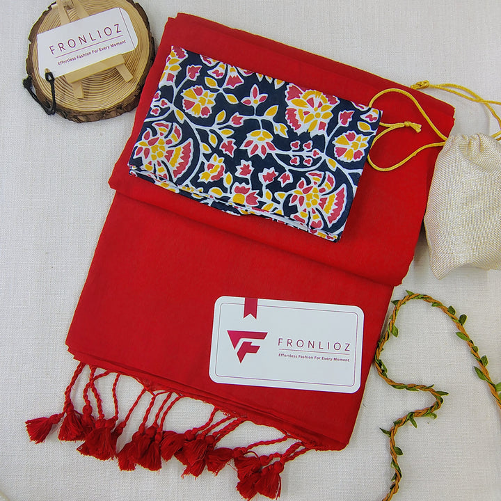 Red Handloom Cotton Saree With Tassels & Printed Blouse-Fronlioz