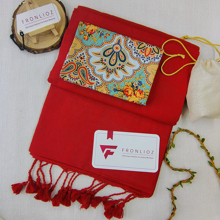 Red Handloom Cotton Saree With Tassels & Printed Blouse-Fronlioz