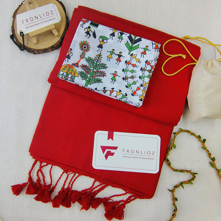 Red Handloom Cotton Saree With Tassels & Printed Blouse-Fronlioz