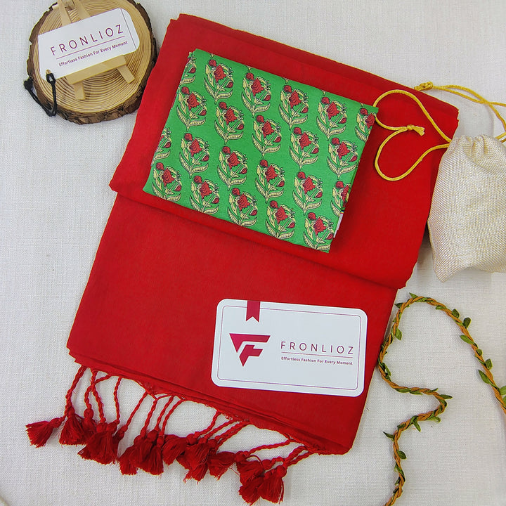 Red Handloom Cotton Saree With Tassels & Printed Blouse-Fronlioz