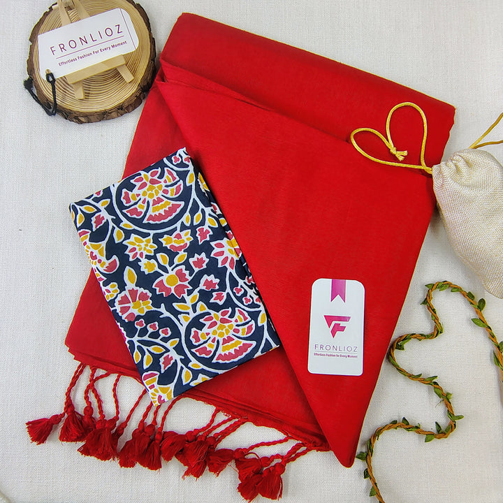 Red Handloom Cotton Saree With Tassels & Printed Blouse-Fronlioz