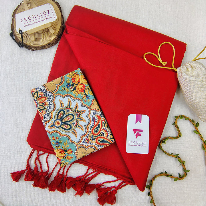 Red Handloom Cotton Saree With Tassels & Printed Blouse-Fronlioz