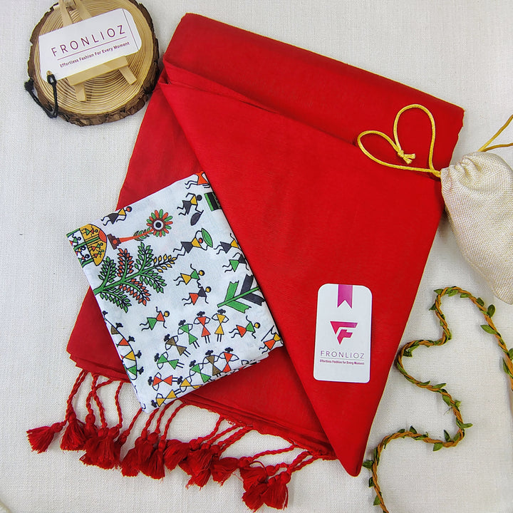Red Handloom Cotton Saree With Tassels & Printed Blouse-Fronlioz