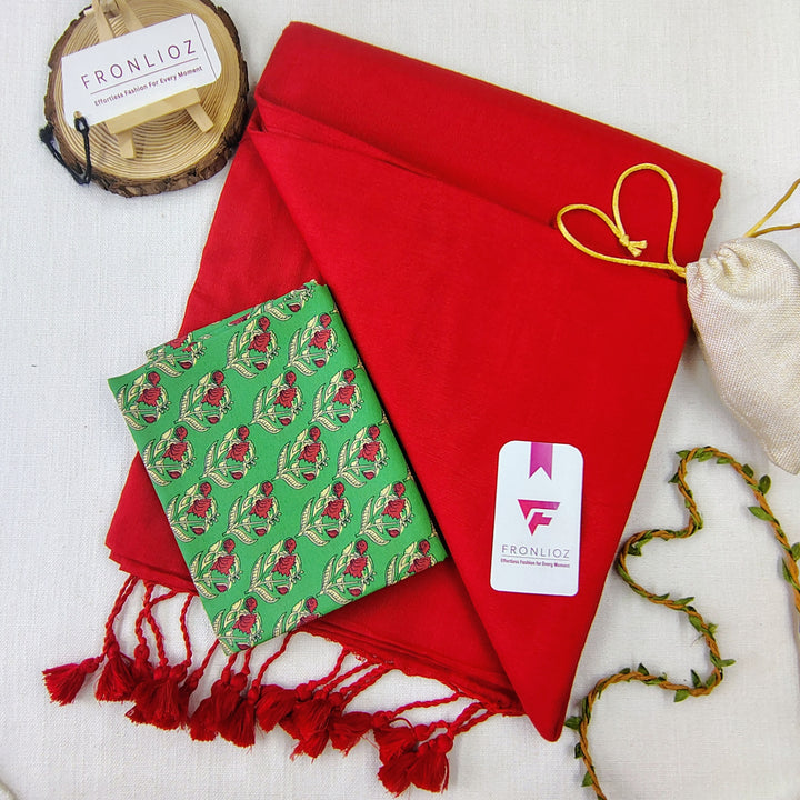 Red Handloom Cotton Saree With Tassels & Printed Blouse-Fronlioz