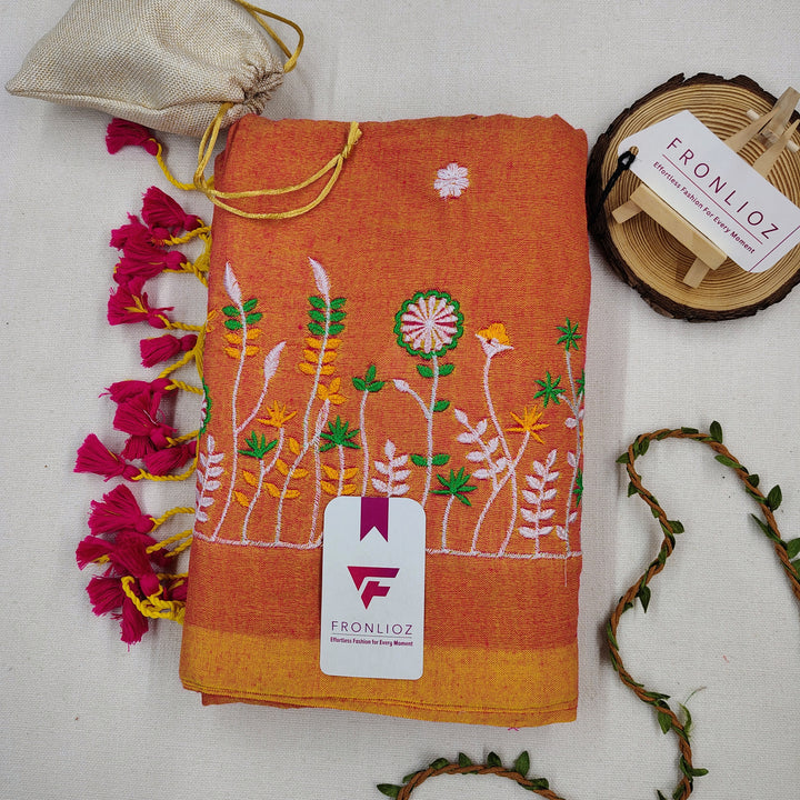 Pure Soft Cotton Embroidered Saree-Fronlioz