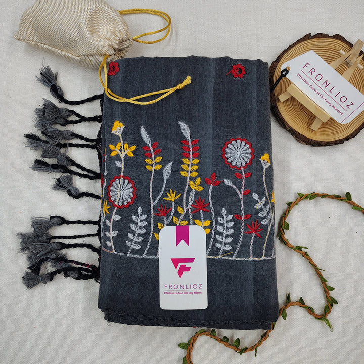 Pure Soft Cotton Embroidered Saree-Fronlioz