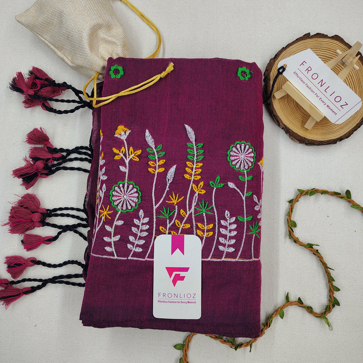 Pure Soft Cotton Embroidered Saree-Fronlioz