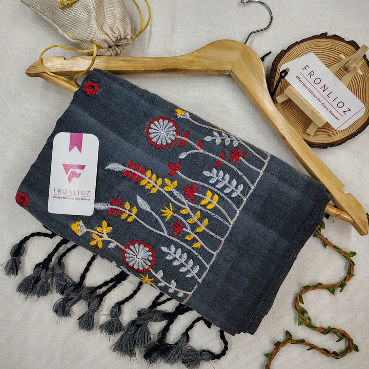 Pure Soft Cotton Embroidered Saree-Fronlioz