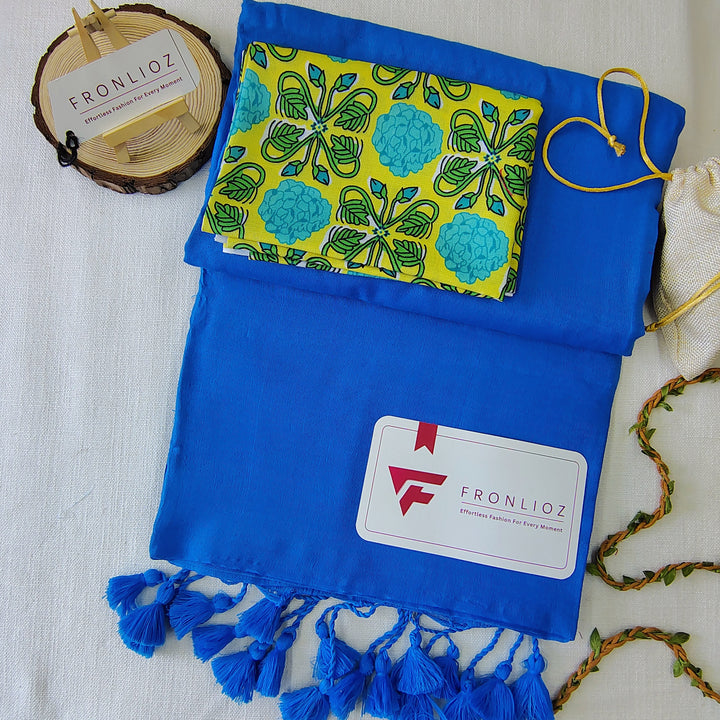 Sky Handloom Cotton Saree With Tassels & Printed Blouse-Fronlioz