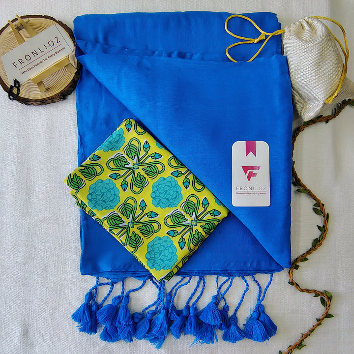 Sky Handloom Cotton Saree With Tassels & Printed Blouse-Fronlioz