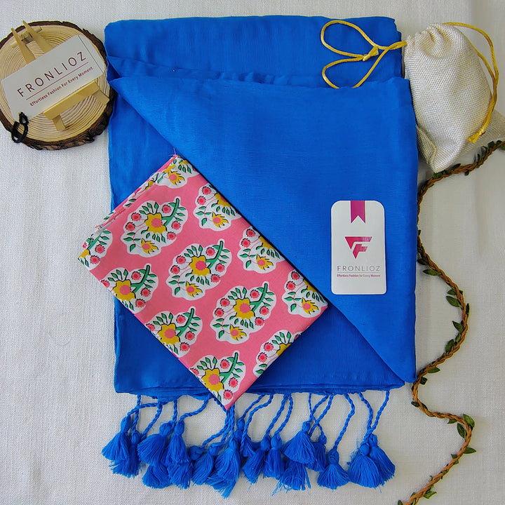 Sky Handloom Cotton Saree With Tassels & Printed Blouse-Fronlioz