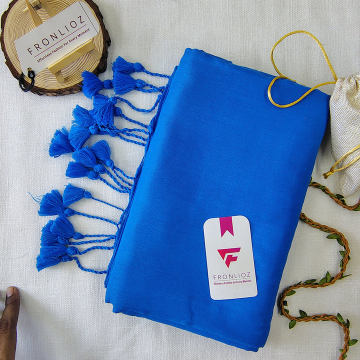Sky Handloom Cotton Saree With Tassels & Printed Blouse-Fronlioz
