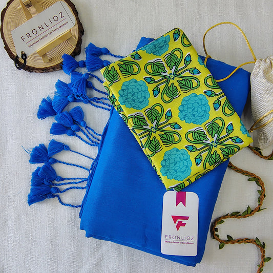 Sky Handloom Cotton Saree With Tassels & Printed Blouse-Fronlioz