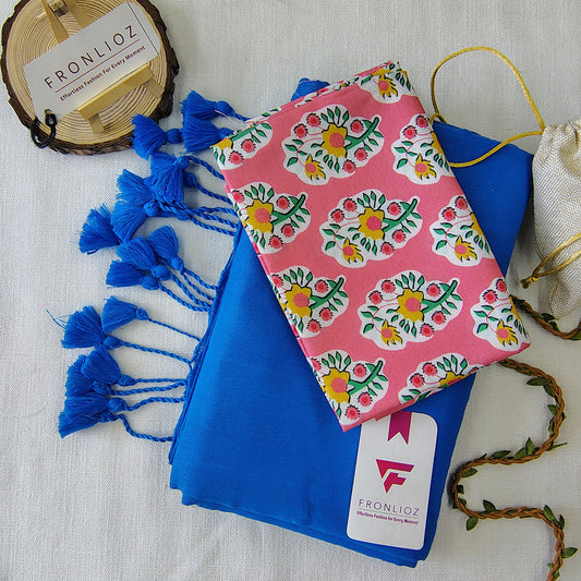 Sky Handloom Cotton Saree With Tassels & Printed Blouse-Fronlioz