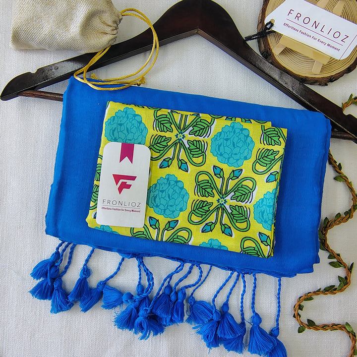 Sky Handloom Cotton Saree With Tassels & Printed Blouse-Fronlioz