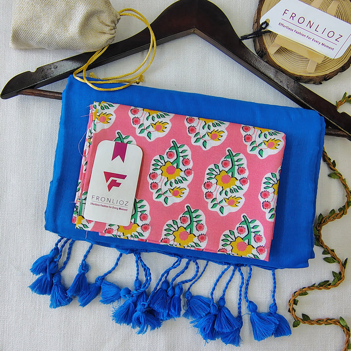 Sky Handloom Cotton Saree With Tassels & Printed Blouse-Fronlioz