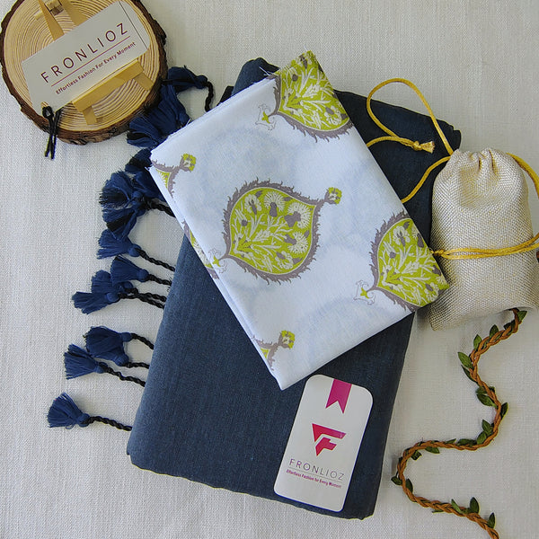Grey Handloom Cotton Saree With Tassels & Printed Blouse-Fronlioz