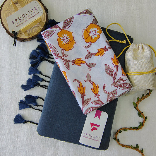 Grey Handloom Cotton Saree With Tassels & Printed Blouse-Fronlioz