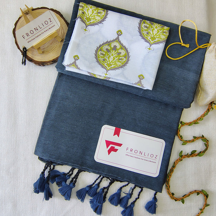 Grey Handloom Cotton Saree With Tassels & Printed Blouse-Fronlioz
