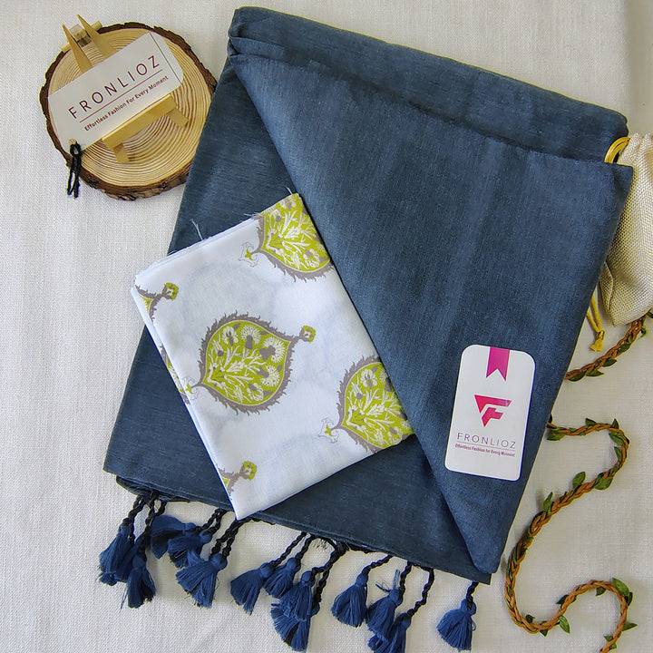Grey Handloom Cotton Saree With Tassels & Printed Blouse-Fronlioz