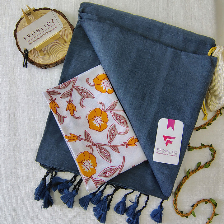 Grey Handloom Cotton Saree With Tassels & Printed Blouse-Fronlioz
