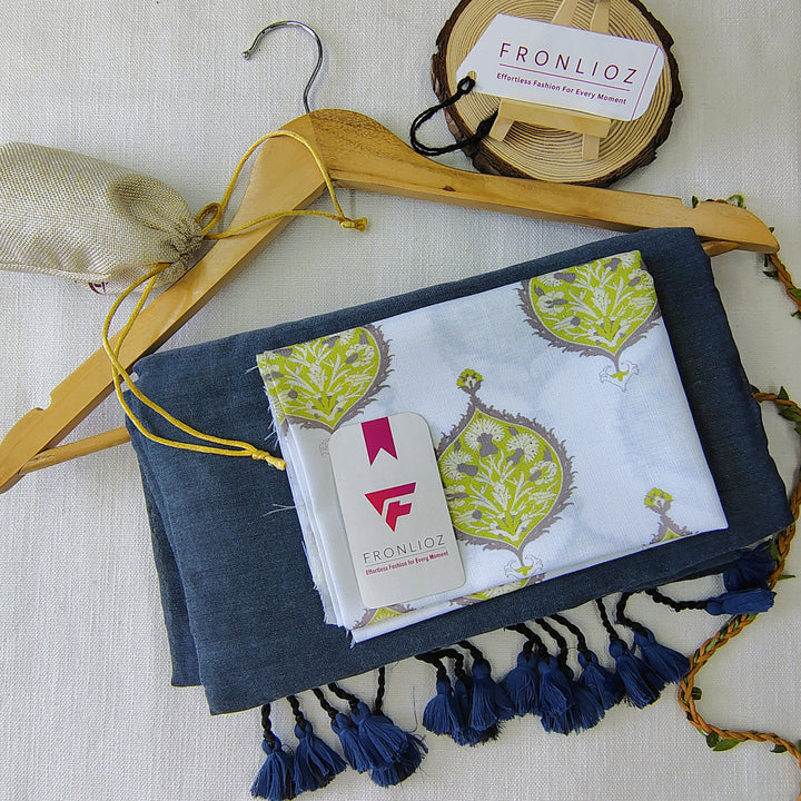 Grey Handloom Cotton Saree With Tassels & Printed Blouse-Fronlioz