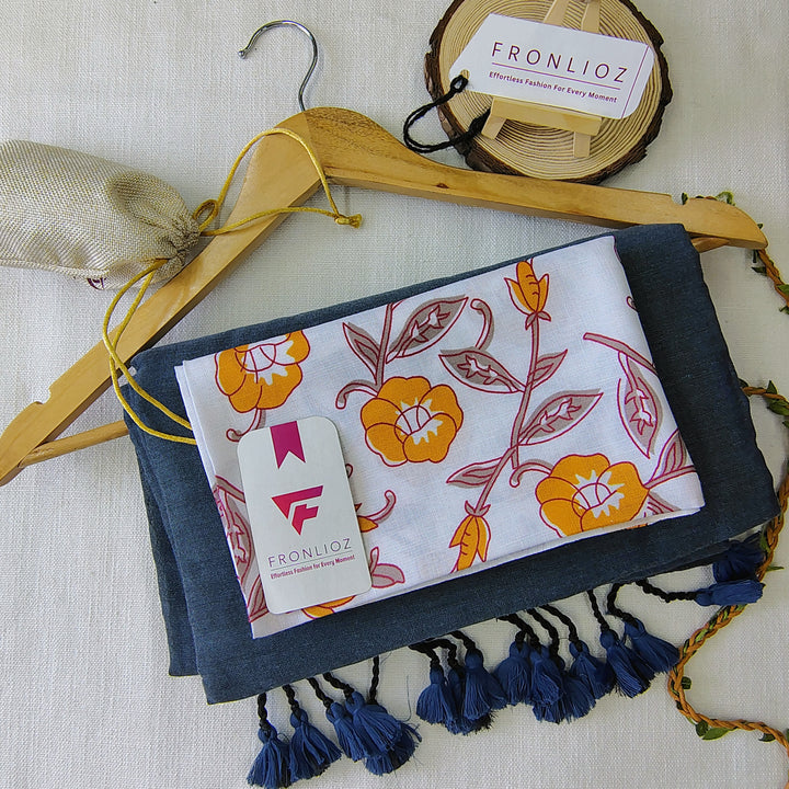 Grey Handloom Cotton Saree With Tassels & Printed Blouse-Fronlioz