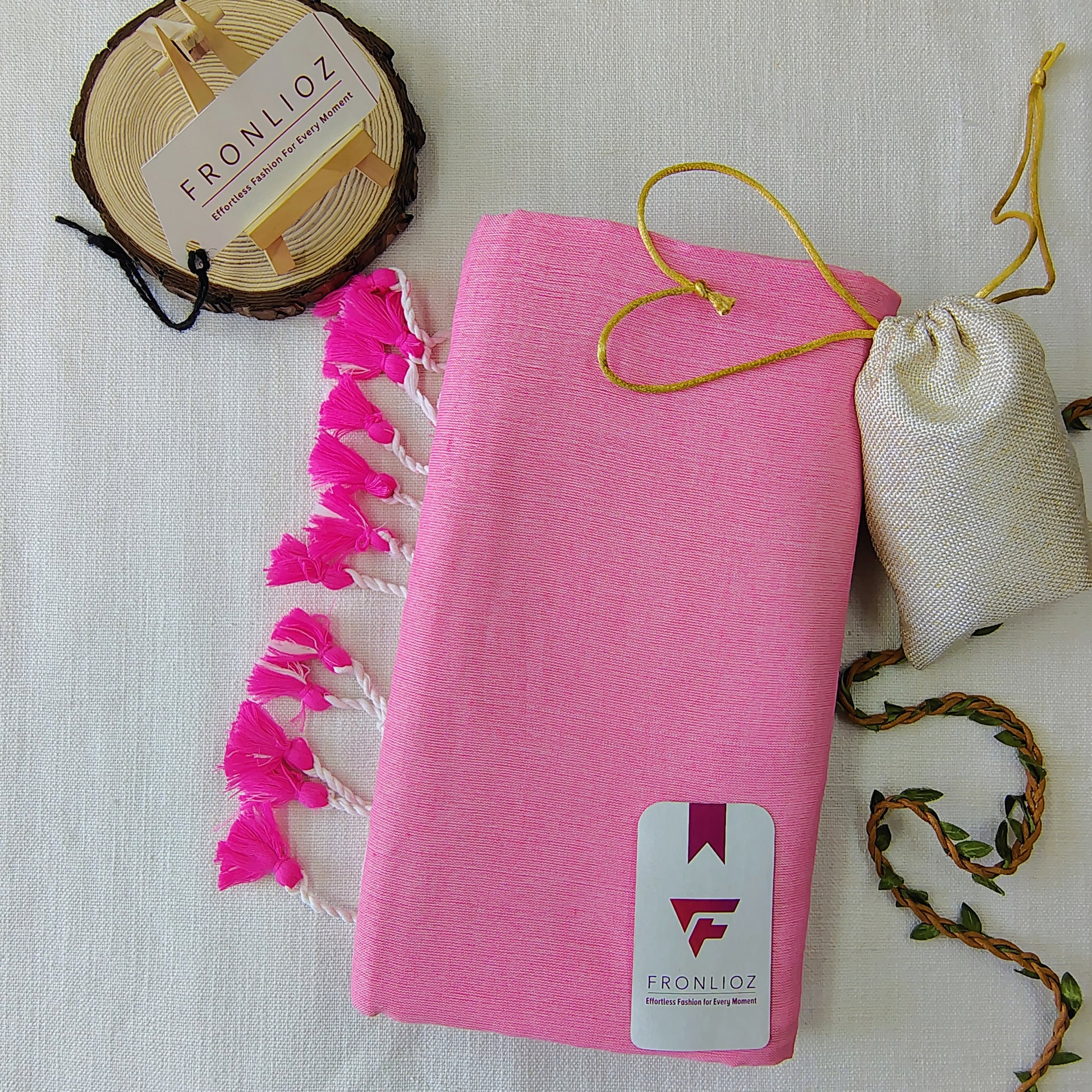 Babypink Handloom Cotton Saree With Tassels & Printed Blouse-Fronlioz