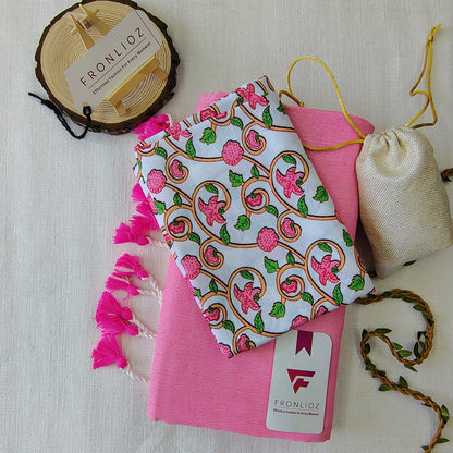 Babypink Handloom Cotton Saree With Tassels & Printed Blouse-Fronlioz