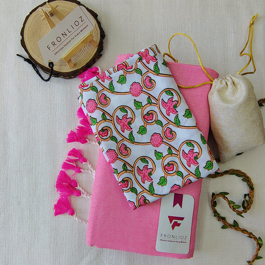 Babypink Handloom Cotton Saree With Tassels & Printed Blouse-Fronlioz