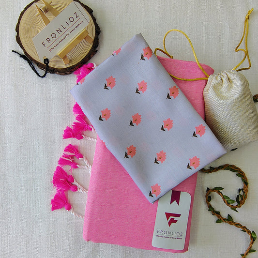 Babypink Handloom Cotton Saree With Tassels & Printed Blouse-Fronlioz
