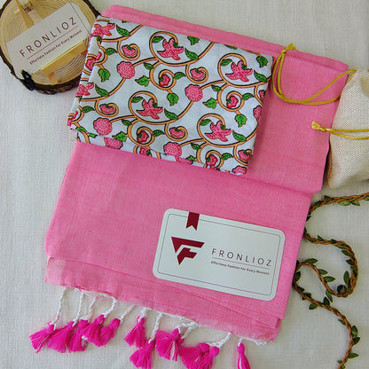 Babypink Handloom Cotton Saree With Tassels & Printed Blouse-Fronlioz