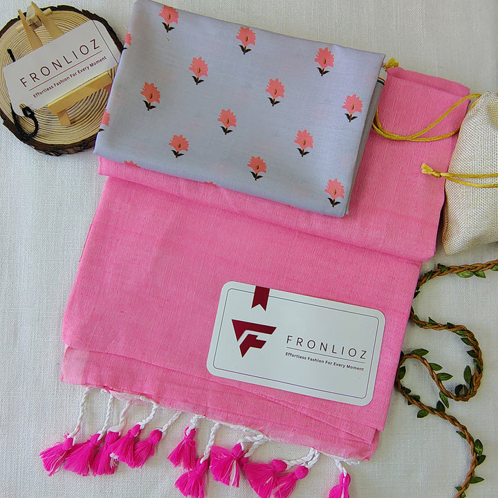Babypink Handloom Cotton Saree With Tassels & Printed Blouse-Fronlioz