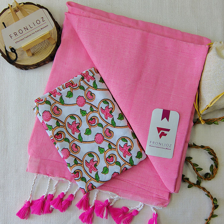 Babypink Handloom Cotton Saree With Tassels & Printed Blouse-Fronlioz