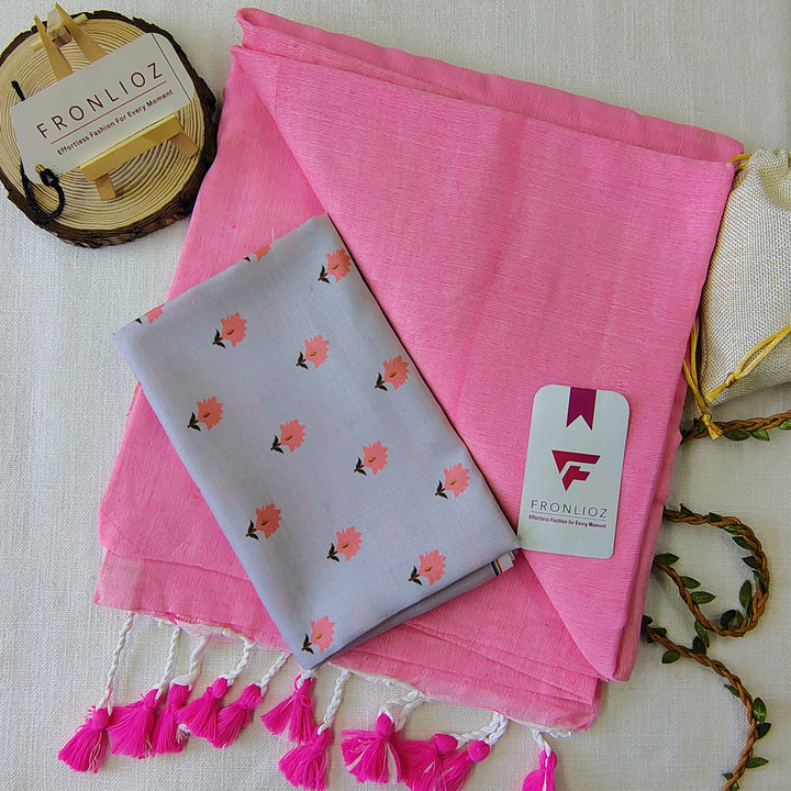 Babypink Handloom Cotton Saree With Tassels & Printed Blouse-Fronlioz