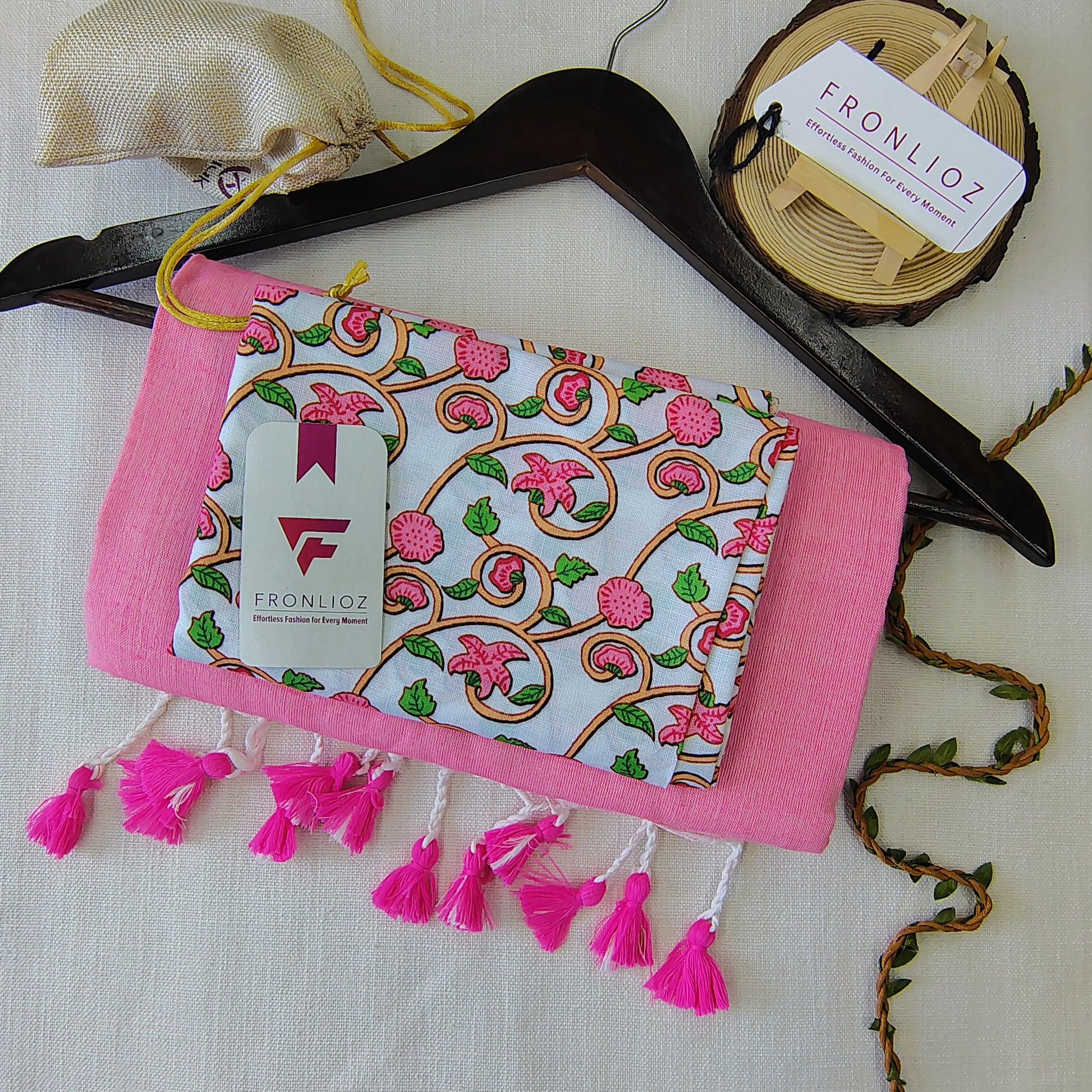 Babypink Handloom Cotton Saree With Tassels & Printed Blouse-Fronlioz