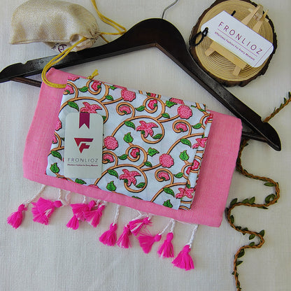 Babypink Handloom Cotton Saree With Tassels & Printed Blouse-Fronlioz