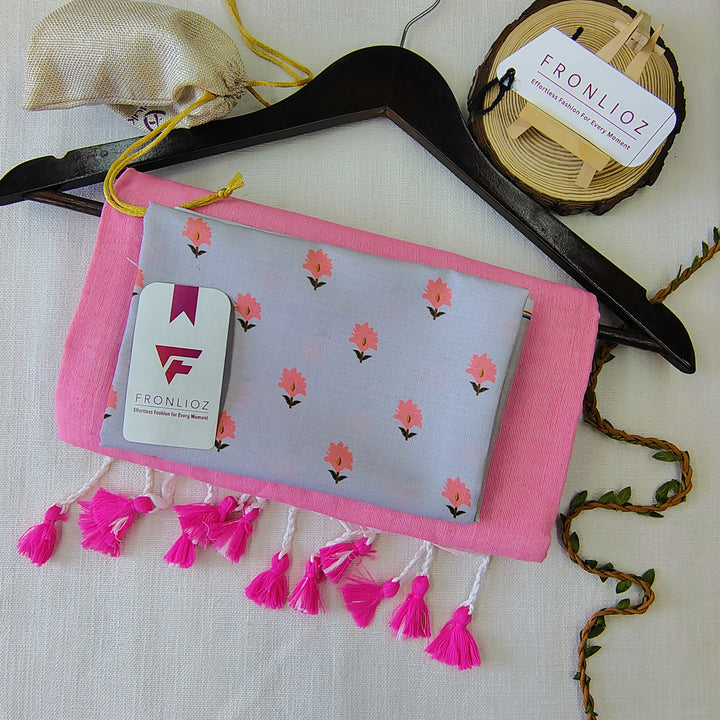 Babypink Handloom Cotton Saree With Tassels & Printed Blouse-Fronlioz
