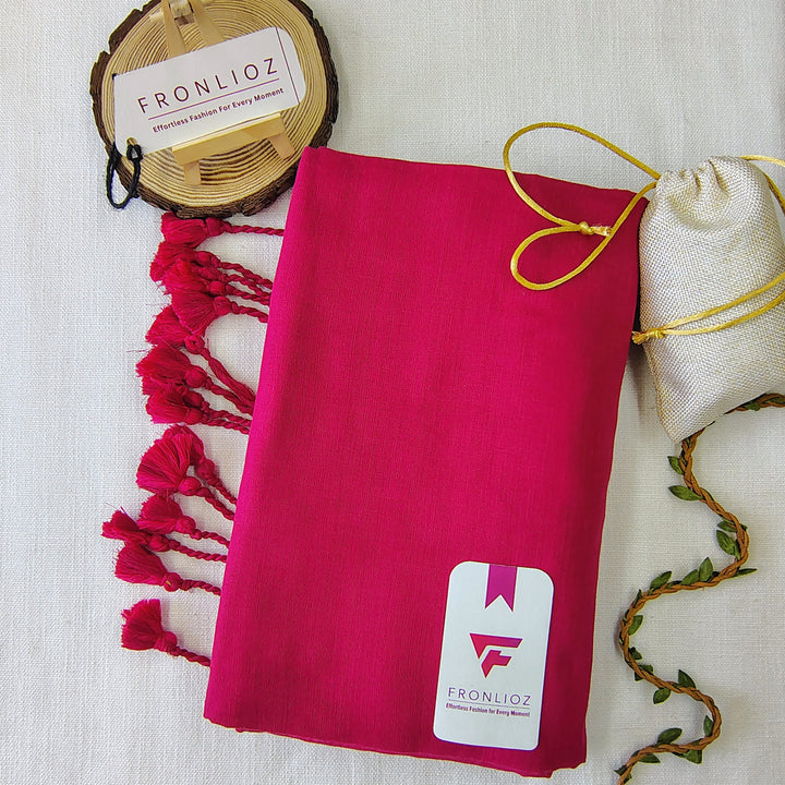 Pink Handloom Cotton Saree With Tassels & Printed Blouse-Fronlioz